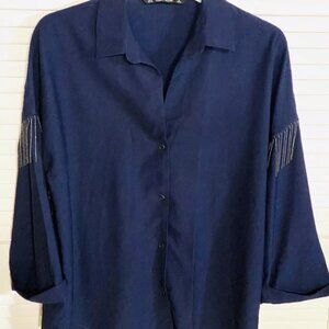 "040." ZARA Western Blue Fringe Shirt – Size Small